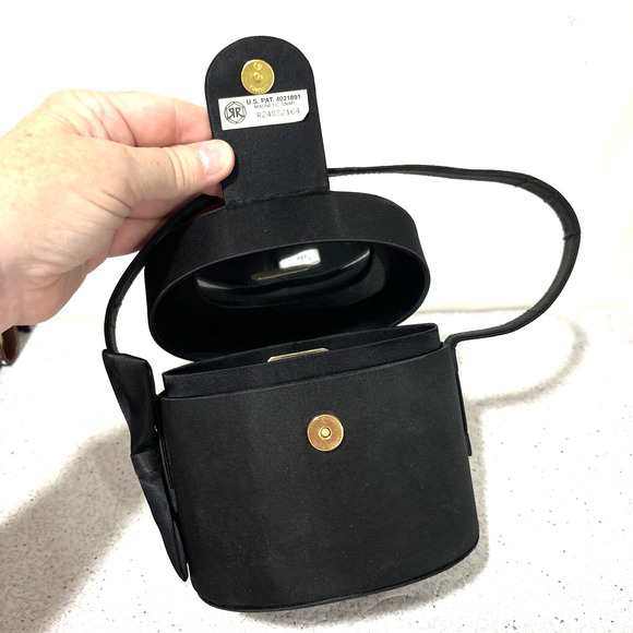 Carla Marchi Black Satin Evening Bag Top Handle Hard Case Purse Bow Rhinestones - Picture 7 of 10